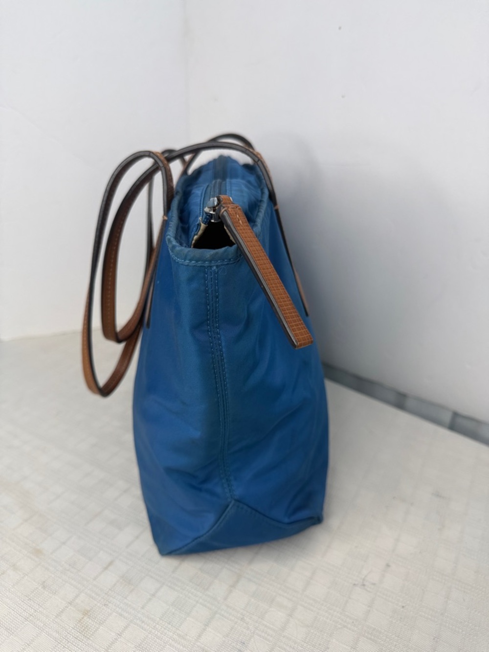 Tumi Navy Blue Nylon Tote with Brown Leather Handles - Picture 4 of 11